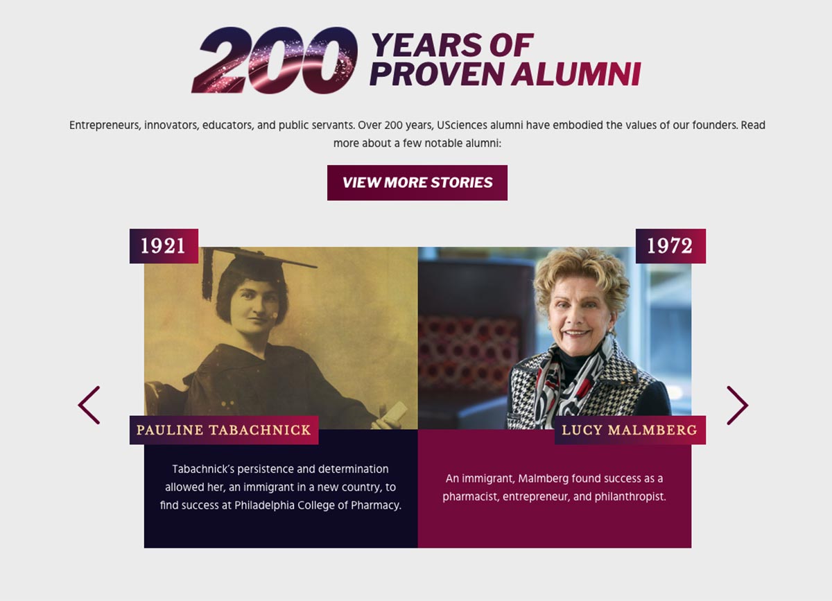 Alumni profiles widget from the USciences Bicentennial website