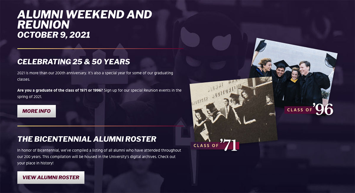 A banner promoting USciences Alumni Reunion weekend and activities