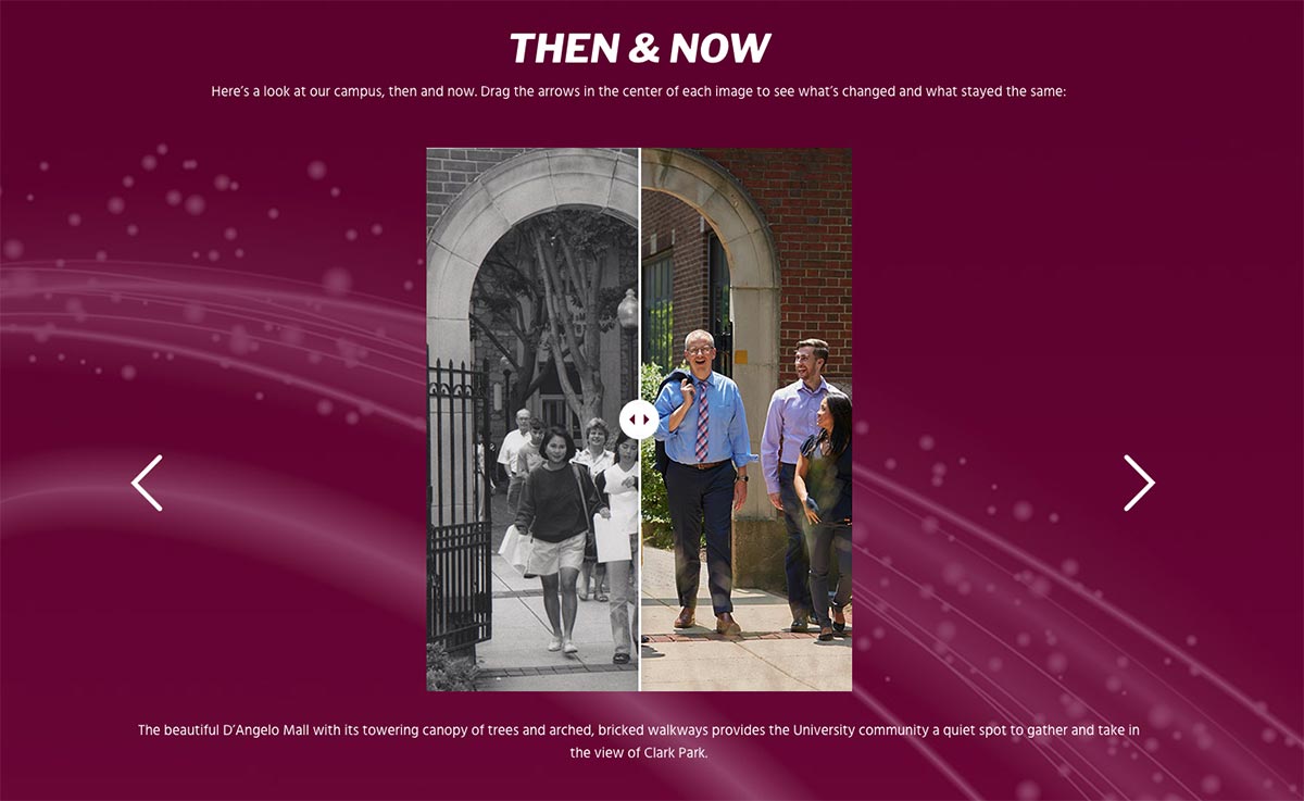 A feature juxtoposing old photos of campus with recent images of the same place