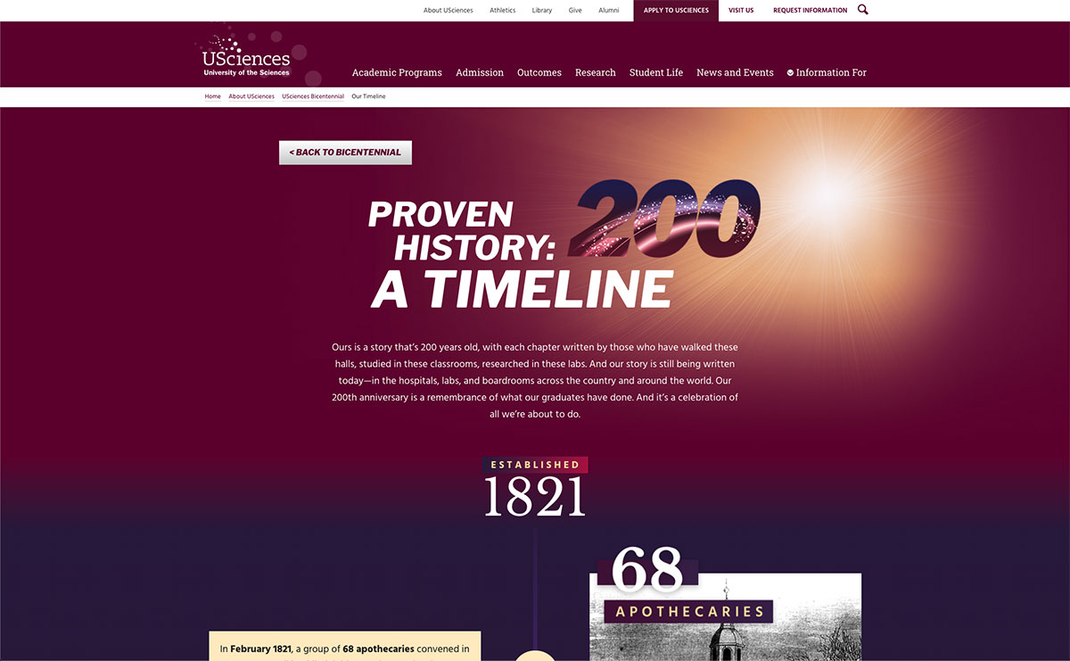 The introduction to the USciences Bicentennial Timeline which beings in the year 1821