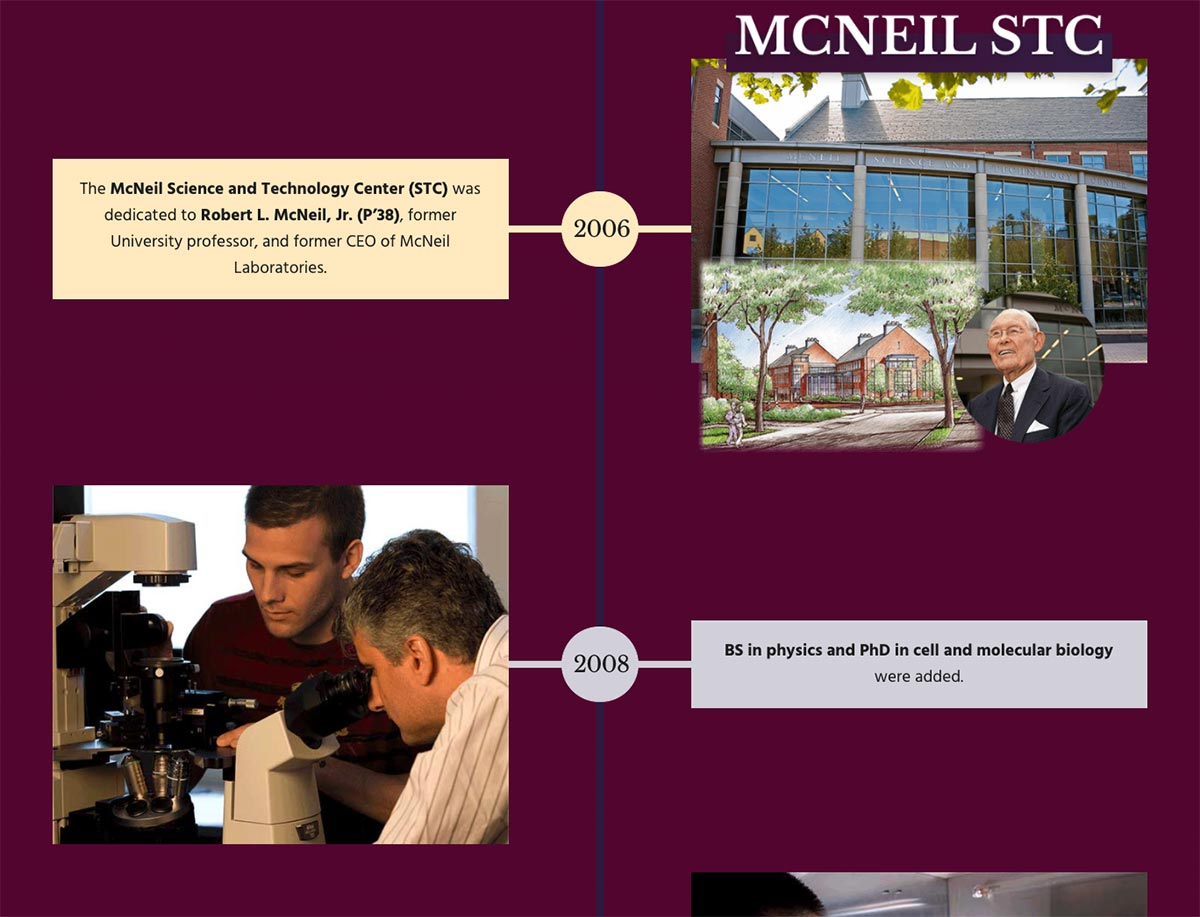 A section of the Bicentennial Timeline describing the McNeil Sciences and Technology Center building, constructed in 2006